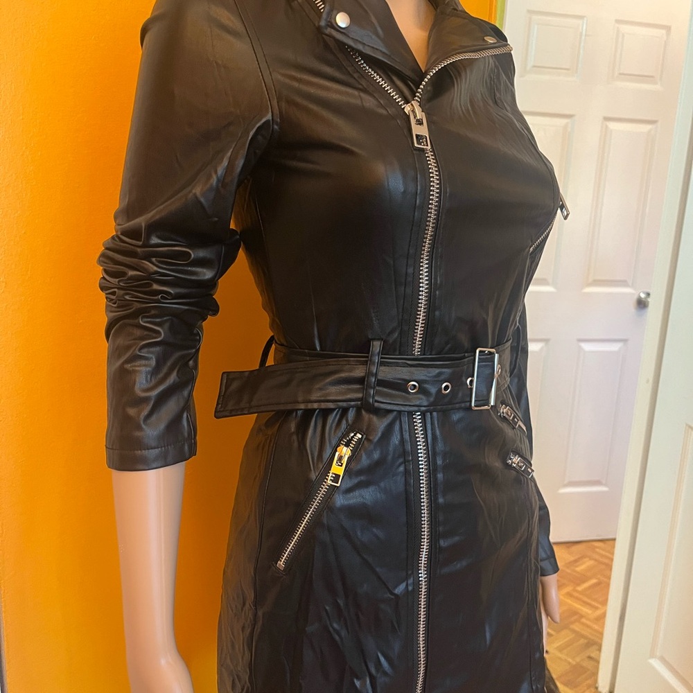 Zara Black Leather Moto Dress with Asymmetrical Zipper size XS